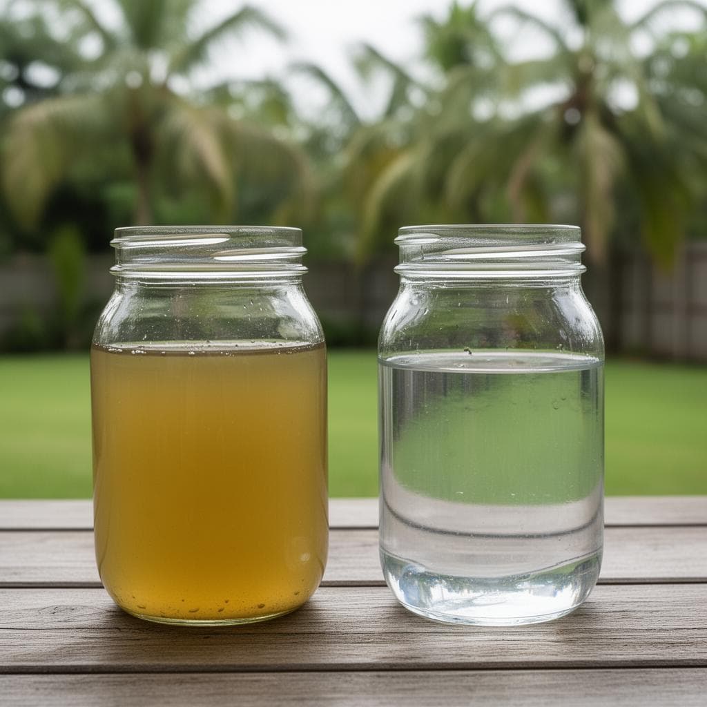 Two jars of water side by side outdoors, one cloudy and discoloured and the other clear, with palm trees in the background